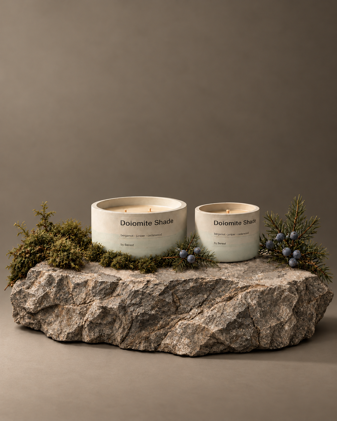 Dolomite Shade candles on a mountain rock with moss and juniper