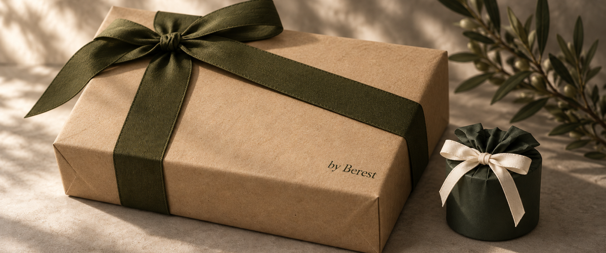 Kraft-wrapped by Berest gift box with an olive ribbon beside a small green-wrapped candle