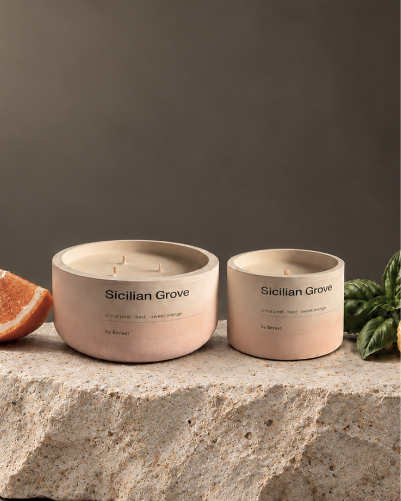 Sicilian Grove candles with citrus and green leaves